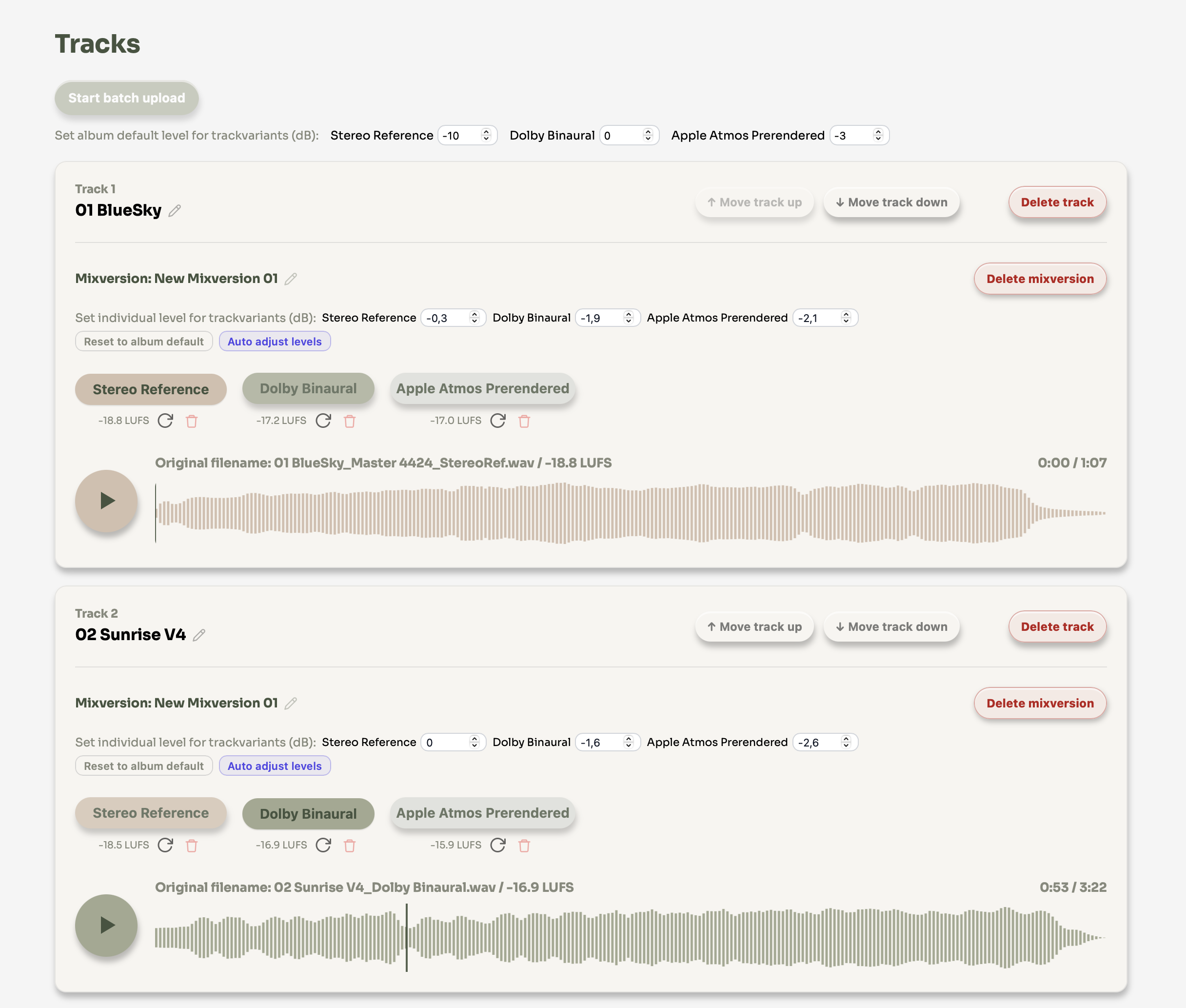 Album view with tracks, mix versions and level controls